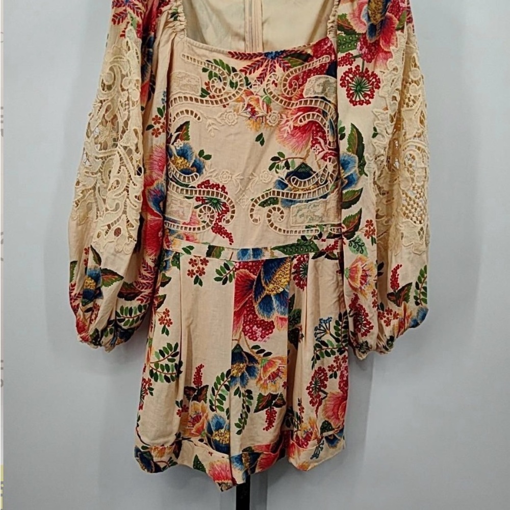 FARM Rio Cream Floral Embroidered Jumpsuit with Lace Sleeves